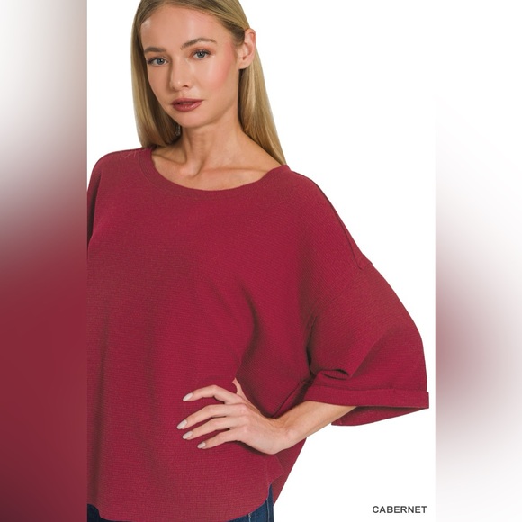 Zenana Double Knit Exposed Seam Curved Hem Top - Picture 5 of 6